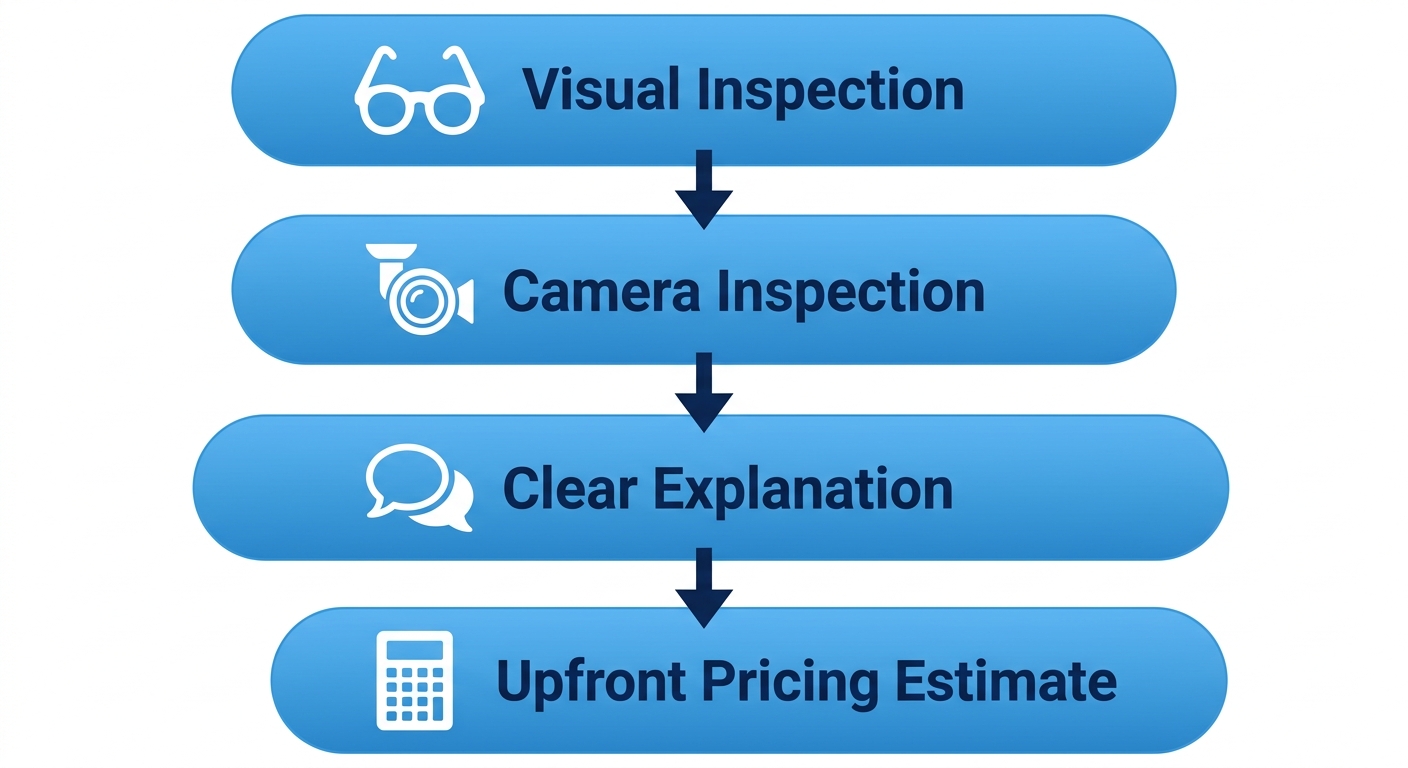 Four-step diagnostic process flow for Sanders Plumbing Company: visual inspection, camera inspection, clear explanation, and upfront pricing estimate with blue gradient cards and white icons in vertical layout.