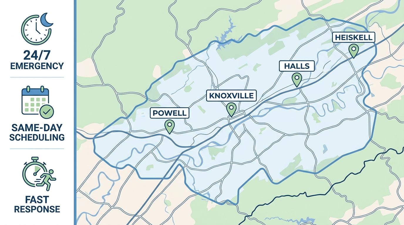 Map-style infographic of Sanders Plumbing Company service area covering Knoxville, Powell, Halls, and Heiskell, with sidebar icons for 24/7 emergency, same-day scheduling, and fast response.