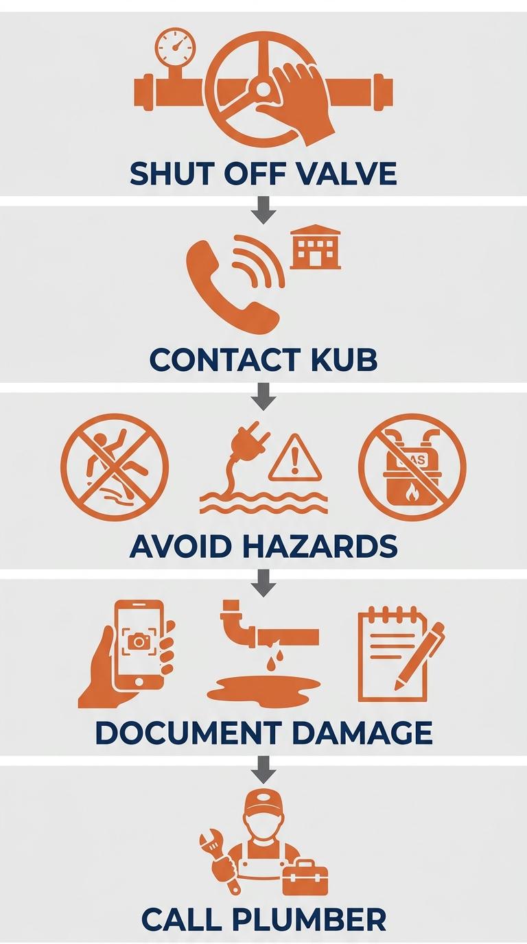 Vertical process flow showing five water line emergency safety steps: shut off main water valve, contact Knoxville Utilities Board, avoid electrical hazards, document damage, and call a licensed plumber, with muted orange icons and navy labels on a light grey background.