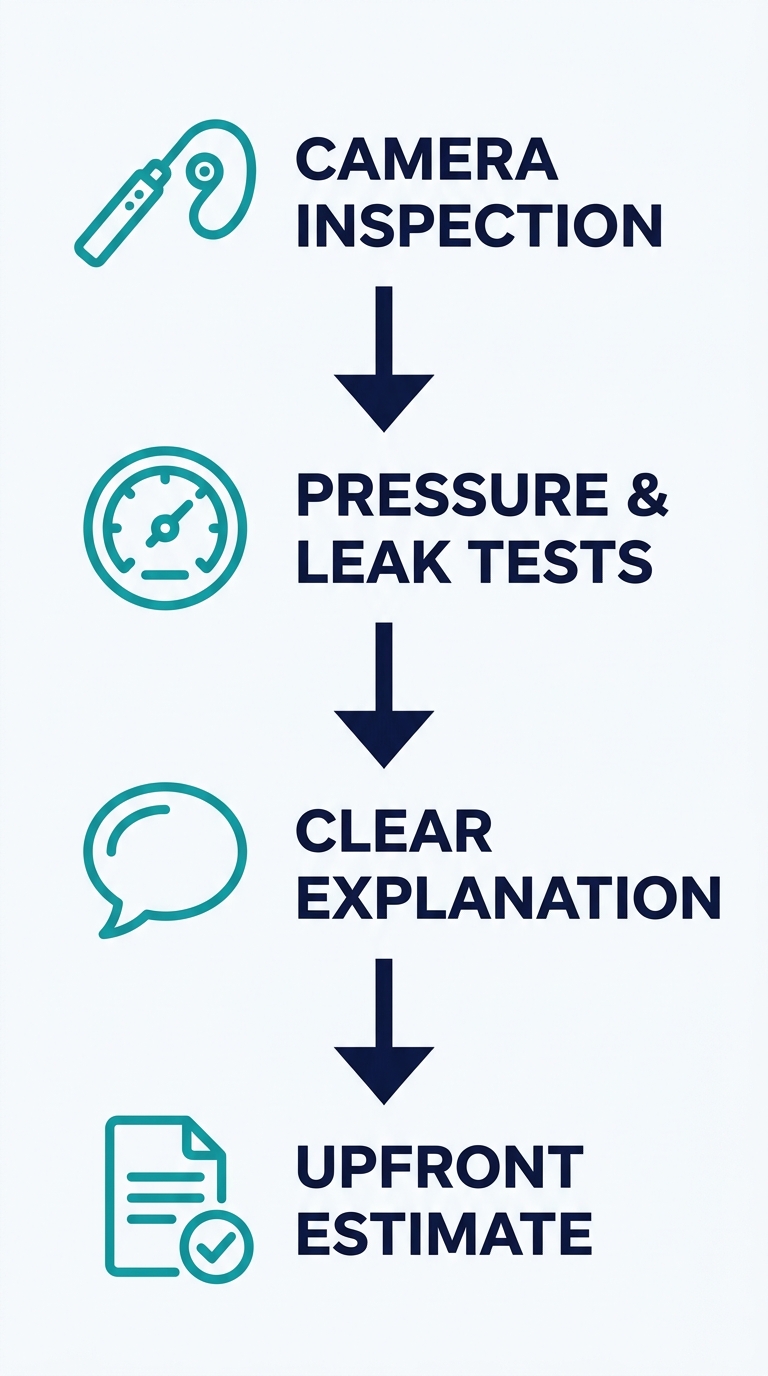 Vertical process flow illustration for water line diagnosis: four stages with icons representing camera inspection, pressure tests, explanation of findings, and pricing estimate, using teal and navy colors.