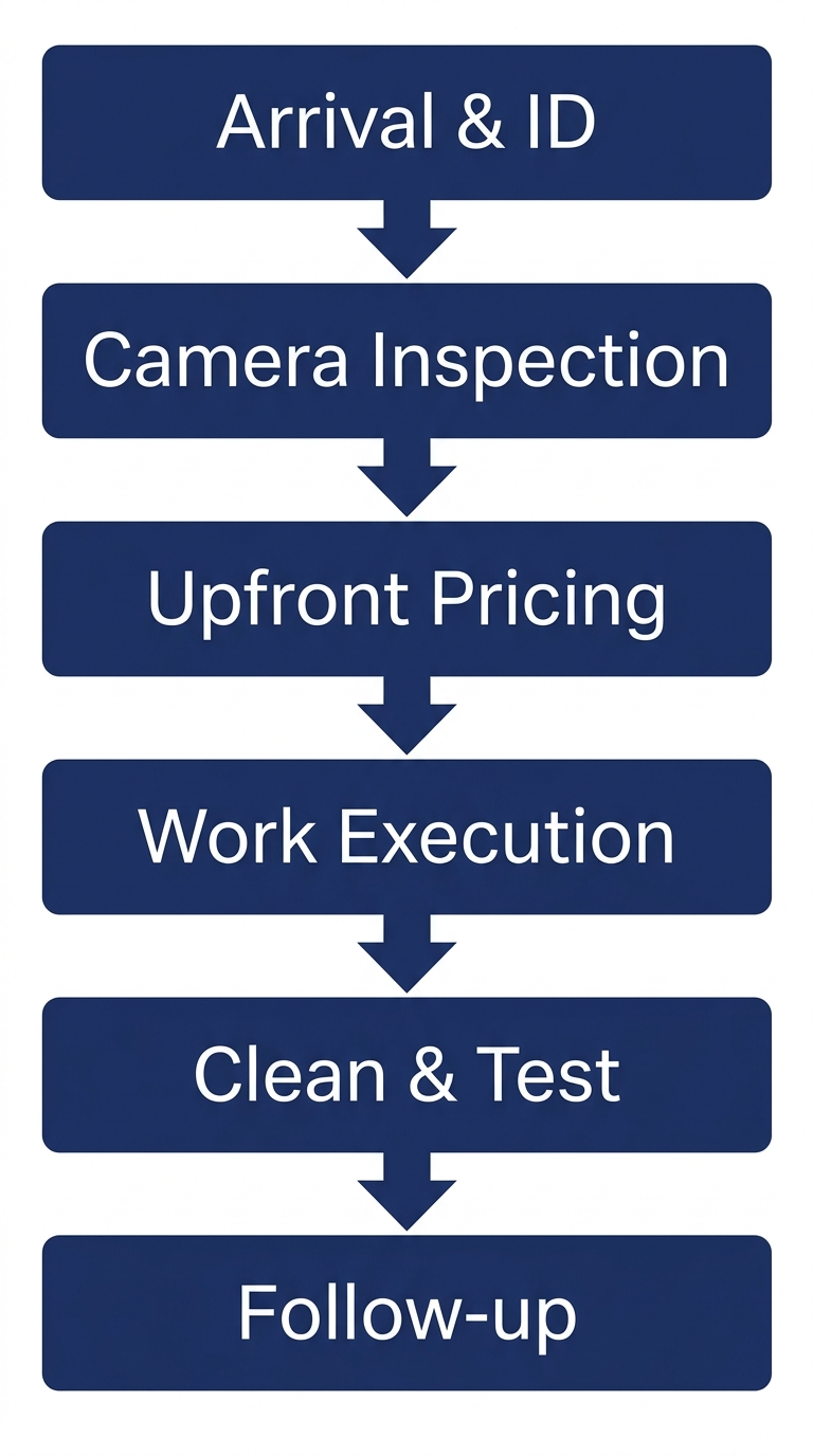 Six-step process flow diagram for Sanders Plumbing Company: plumber arrival with ID badge, camera inspection, upfront pricing discussion, work execution with shoe covers and drop cloth, clean-up and testing, follow-up and satisfaction. Navy blue and white colors.