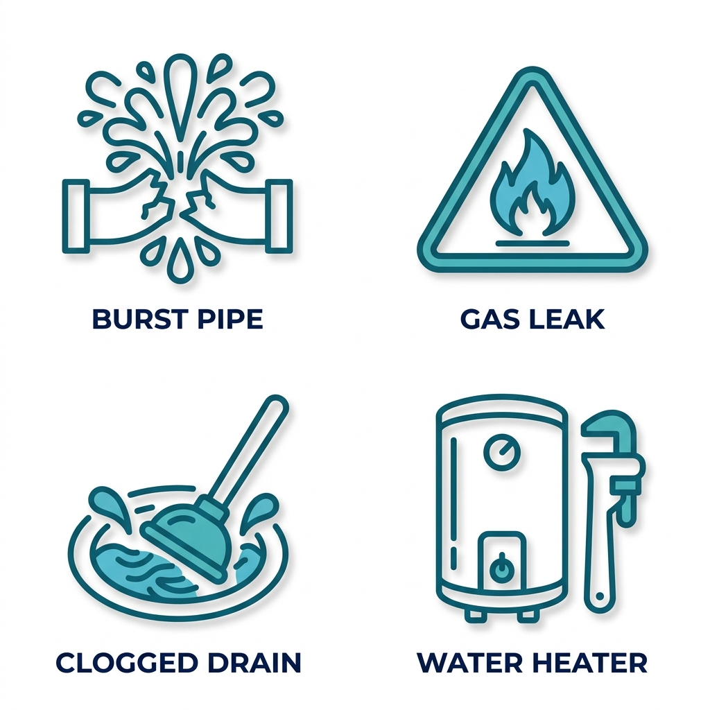 Four outlined icons in a 2x2 grid showing emergency plumbing services: burst pipe, gas leak warning, clogged drain with plunger, and water heater with wrench, each with a navy label beneath on a white background.