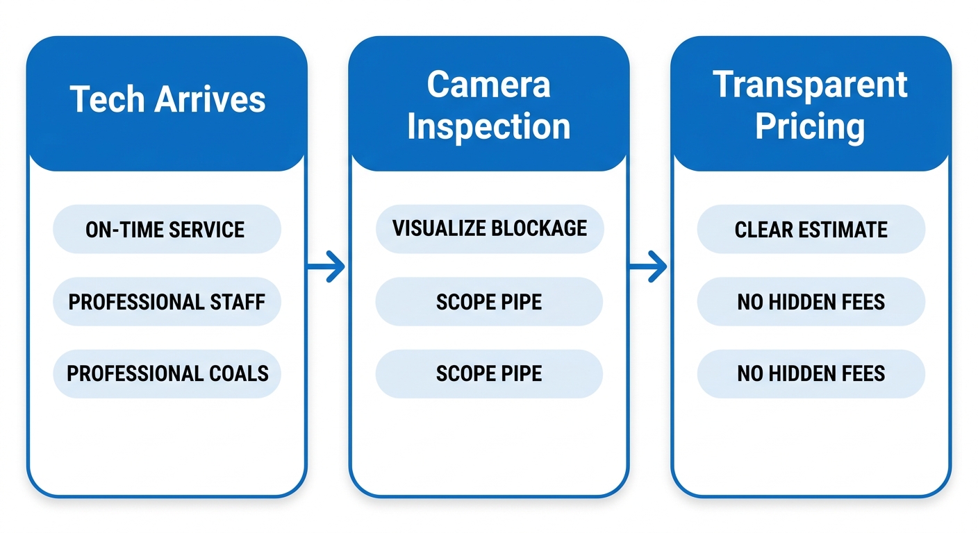 Three-step horizontal process flow diagram for plumbing diagnostic service, with icons for technician truck, camera inspection, and contract, connected by arrows in blue.