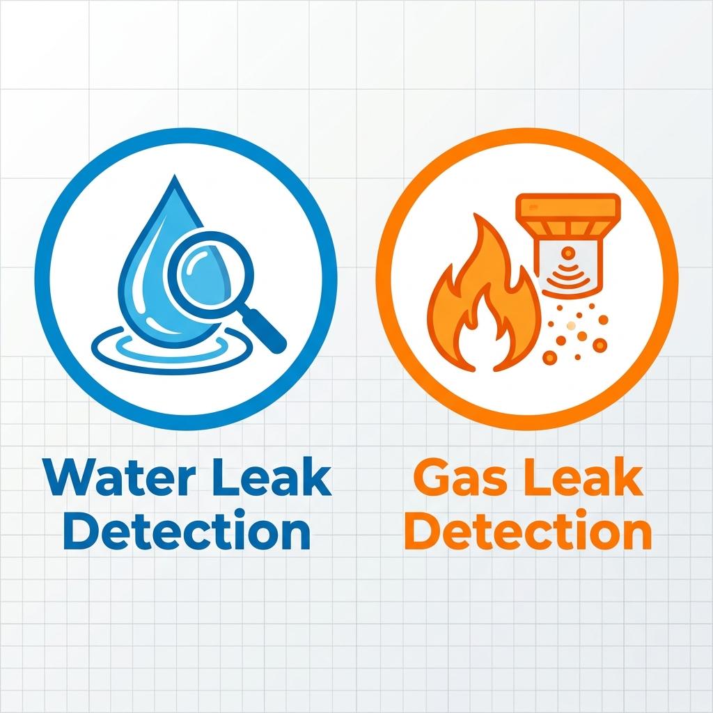 Two-column icon set showing water leak detection (droplet with magnifying glass) and gas leak detection (flame with detector) for emergency plumbing services.