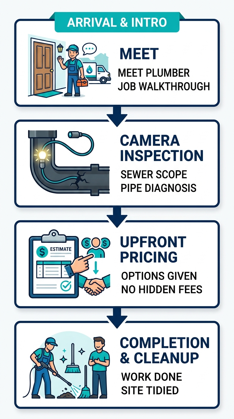 Vertical process flow showing four sewer service steps by Sanders Plumbing in Knoxville: arrival, camera inspection, upfront pricing, and completion with cleanup icons.