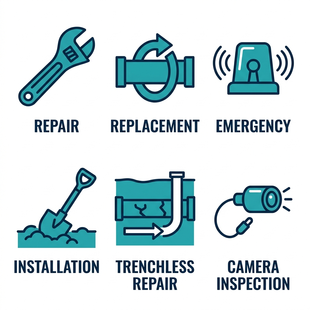 Flat icon set showing six sewer services: repair, replacement, emergency, installation, trenchless repair, and camera inspection, labeled in teal and dark blue on white background.