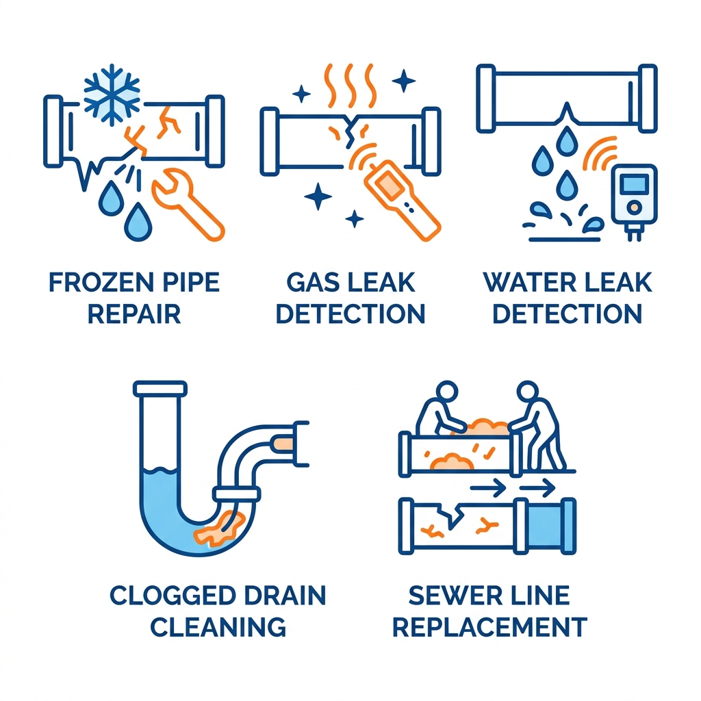 Grid of five flat outline icons representing emergency plumbing services: frozen burst pipe repair, gas leak detection, water leak detection, clogged drain cleaning, and sewer line replacement, with short labels below each icon, on a white background.