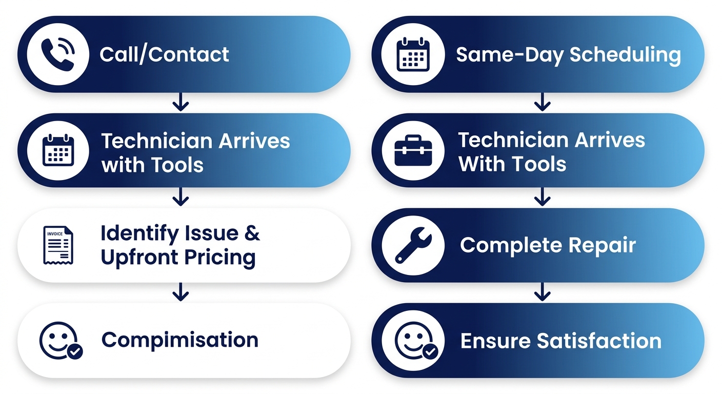 Vertical process flow diagram showing six steps of plumbing repair service: Call/Contact, Same-Day Scheduling, Technician Arrival with Diagnostic Tools, Identify Issue and Upfront Pricing, Complete Repair, and Ensure Satisfaction, with downward arrows and gradient navy-to-light-blue styling.