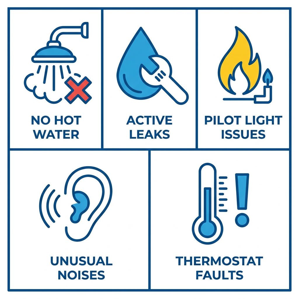 Five outline icons representing water heater emergencies: no hot water with shower head and cross, leaks with droplet and wrench, pilot light issues with flickering flame, unusual noises with ear and sound waves, thermostat faults with thermometer and exclamation mark, each with short labels on a white background.