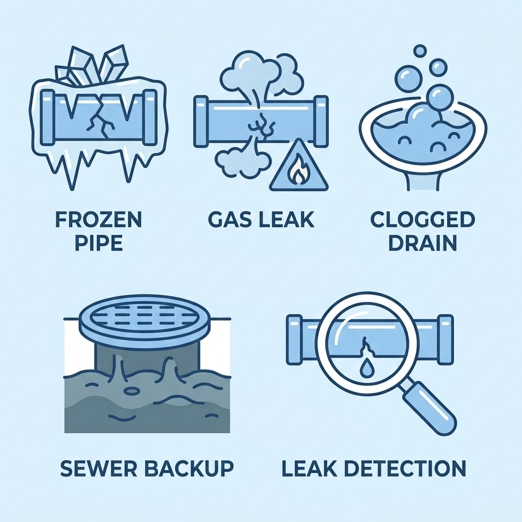 Five icons representing emergency plumbing services: frozen pipe, gas leak, clogged drain, sewer backup, and water leak detection, arranged in two rows on a soft blue background.
