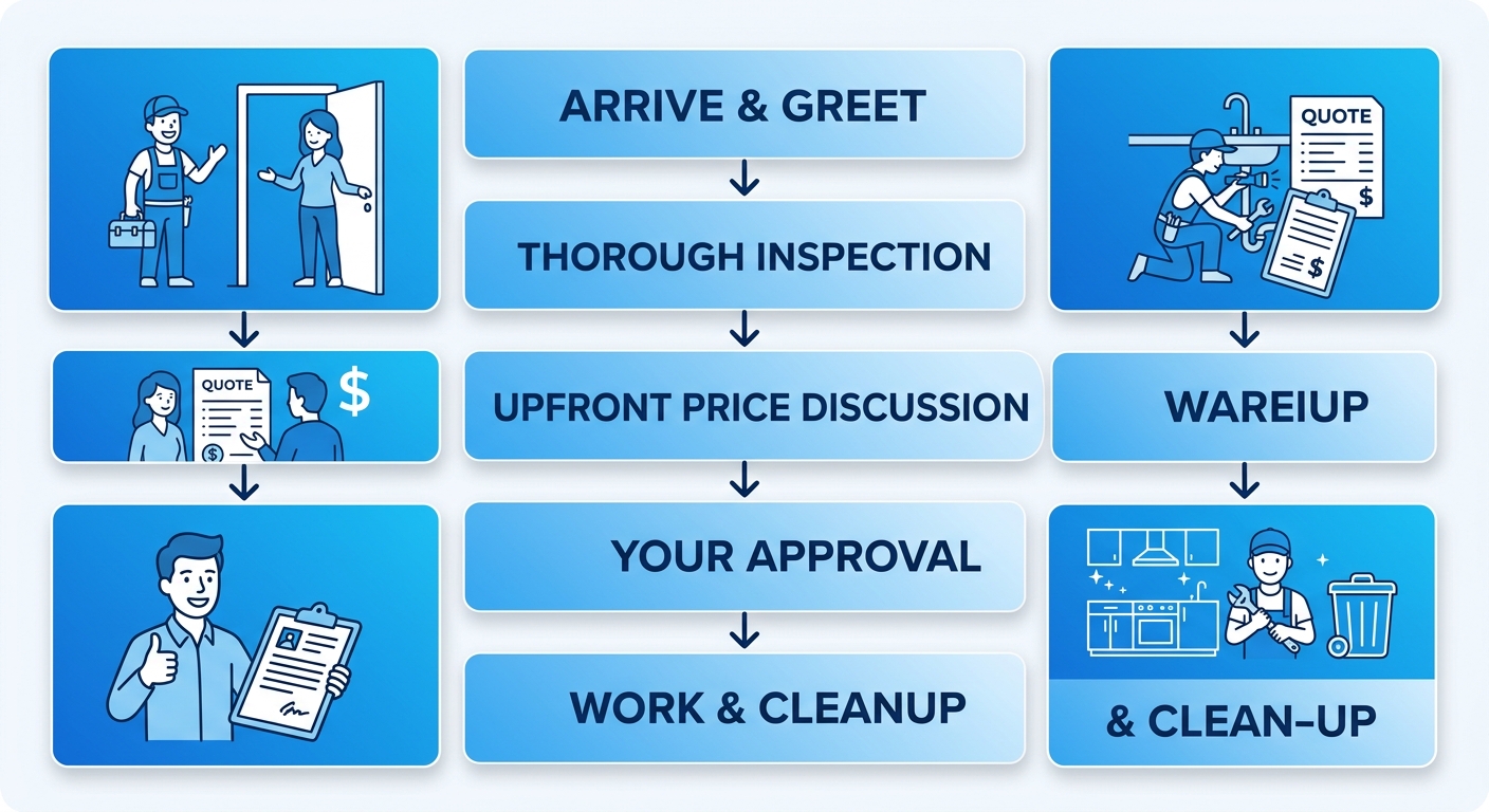 Vertical process flow diagram showing 5 steps of plumber arrival experience: Arrive & Greet, Thorough Inspection, Upfront Price Discussion, Your Approval, Work & Cleanup with blue gradient cards, white icons, and downward arrows.
