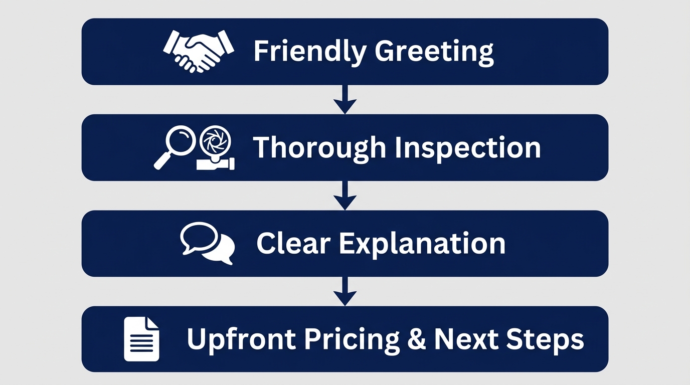 Vertical process flow diagram showing Sanders Plumbing's 4-step diagnostic process