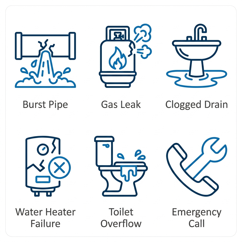 Six icons representing common plumbing emergencies