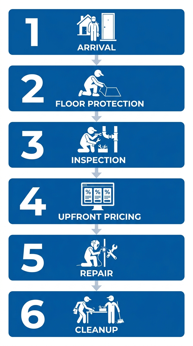 Vertical process flow diagram showing six steps of a plumbing technician visit: arrival, floor protection, inspection, upfront pricing, repair, and cleanup