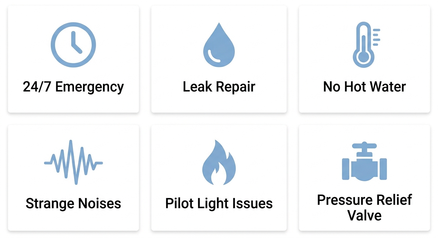 2x3 grid infographic displaying six emergency water heater services