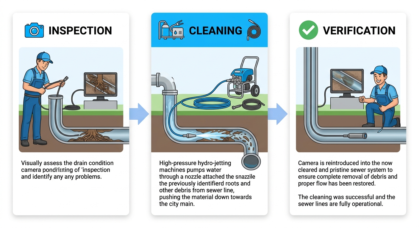 Three horizontal stages of professional drain cleaning: inspection with camera icon, cleaning with hydro-jetting icon, verification with checkmark icon, in a blue and white layout.
