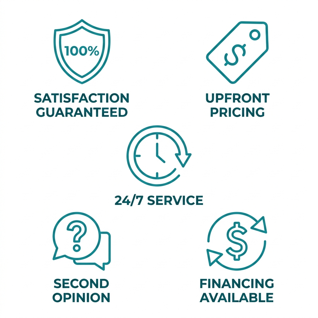 Five teal outline icons on white background representing drain cleaning service guarantees: shield for satisfaction guarantee, price tag for transparent pricing, clock for emergency service, chat bubble for free second opinion, and dollar sign for financing available.