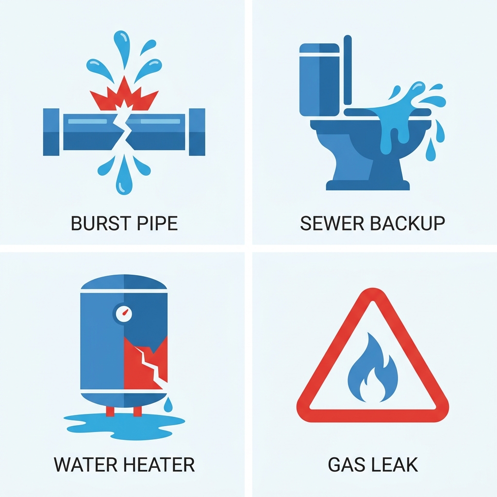 Four emergency plumbing icons in a 2x2 grid: burst pipe, sewer backup, water heater failure, and gas leak, with red and blue flat design, illustrating common plumbing emergencies in Lavaca, Arkansas.