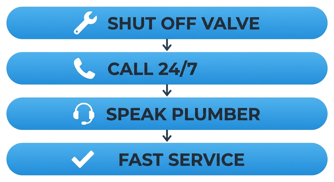 Vertical process flow diagram showing four steps for emergency plumbing: shut off main valve, call 24/7 line, speak with master plumber, and receive fast service, with blue gradient backgrounds and white icons.