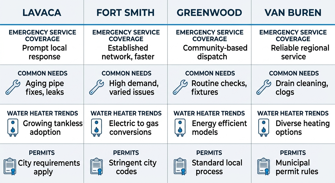 Plumbing comparison infographic for Lavaca, Fort Smith, Greenwood, and Van Buren, with rows for emergency service, common needs, water heater trends, and permits, each cell containing a qualitative descriptor.