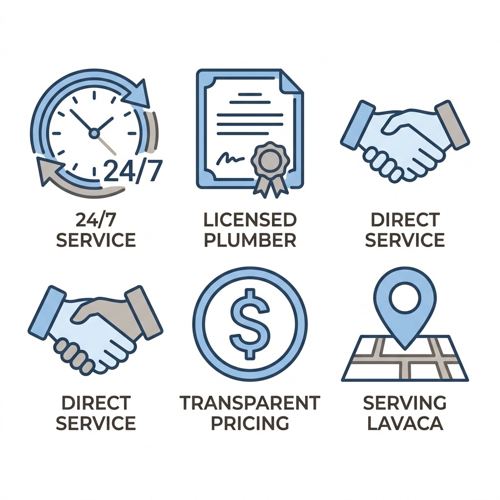 Five outline icons in a row representing 24/7 plumbing services: a clock for round-the-clock availability, a certificate for licensed master plumber, a handshake for direct service, a dollar sign for transparent pricing, and a map pin for local coverage in Lavaca.