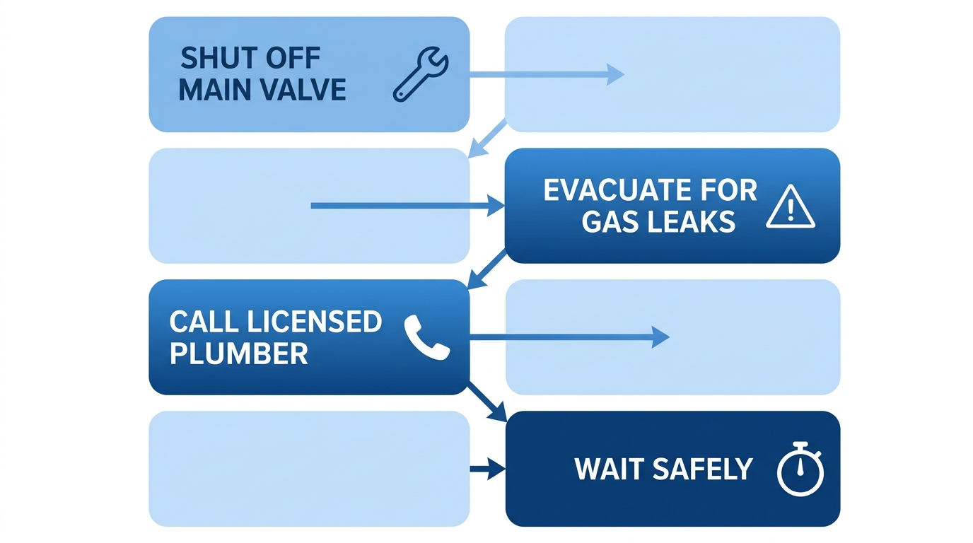 Vertical process flow showing four emergency plumbing steps: shut off main valve, evacuate for gas leaks, call a licensed plumber, and wait safely, with connecting arrows and icons.