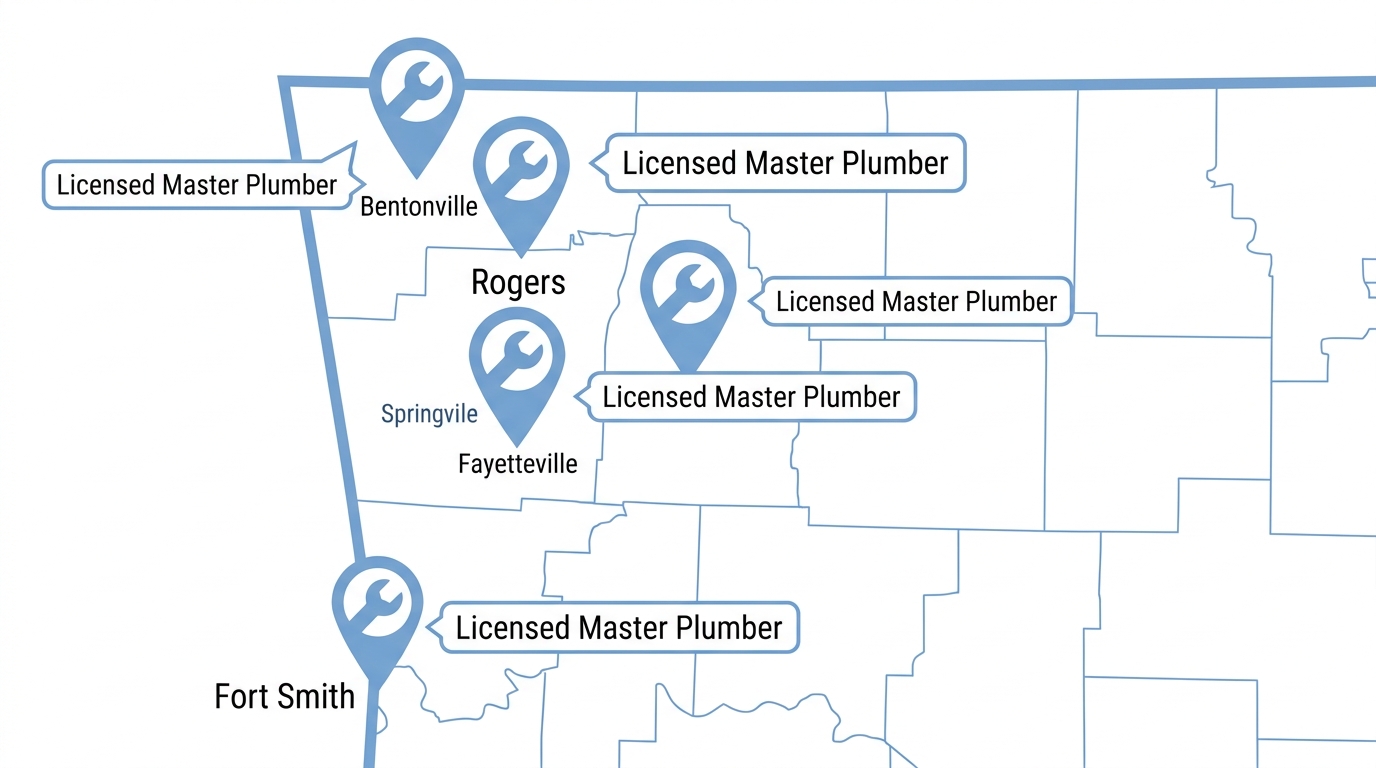 Infographic map of Northwest Arkansas showing 24/7 plumbing service areas, with blue wrench icons marking Fort Smith, Fayetteville, Springdale, Rogers, and Bentonville and callouts noting direct access to a licensed master plumber.