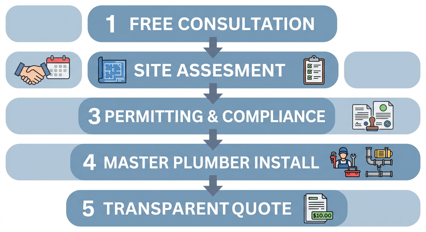 Vertical process flow with five steps for commercial pipe installation project: free consultation, site assessment, permitting and compliance, master plumber installation, and transparent quote. Rounded blue-grey rectangles with arrows connecting them downwards.