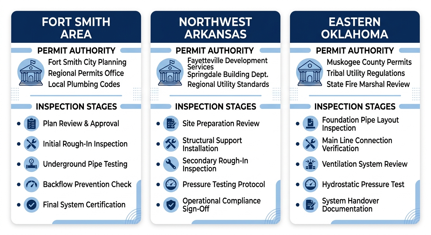 Infographic comparing commercial pipe installation service areas in Arkansas: Fort Smith Area, Northwest Arkansas, Eastern Oklahoma, with permit authorities and inspection stages listed for each region.