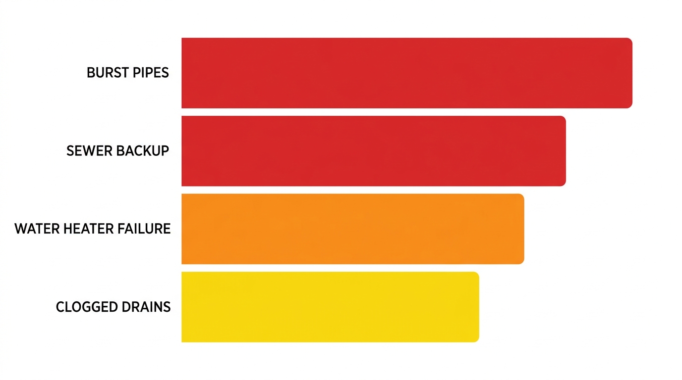 Horizontal bar chart comparing frequency and urgency of four plumbing emergencies in Fort Smith, Arkansas: burst pipes in red, clogged drains in orange, water heater failure in orange, sewer backup in red.