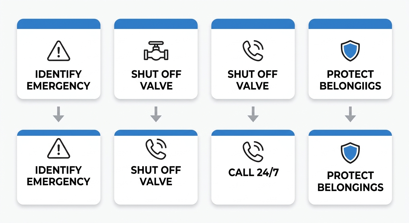 Vertical process flow diagram with four rounded rectangle steps for emergency plumbing repair: Identify Emergency warning icon, Shut Off Valve icon, Call 24/7 phone icon, and Protect Belongings shield icon, connected by downward arrows in blue and white.
