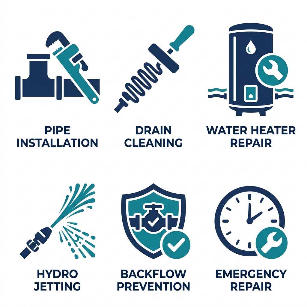 Six flat-style icons in two rows of three illustrating commercial plumbing services: pipe installation, drain cleaning, water heater repair, hydro jetting, backflow prevention, and emergency repair.