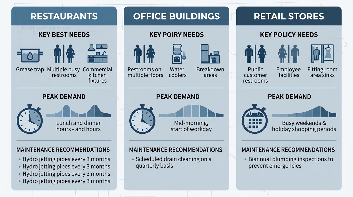 Infographic comparing commercial plumbing needs for restaurants, office buildings, and retail stores in Northwest Arkansas, with icons for grease traps, restrooms, and maintenance schedules.