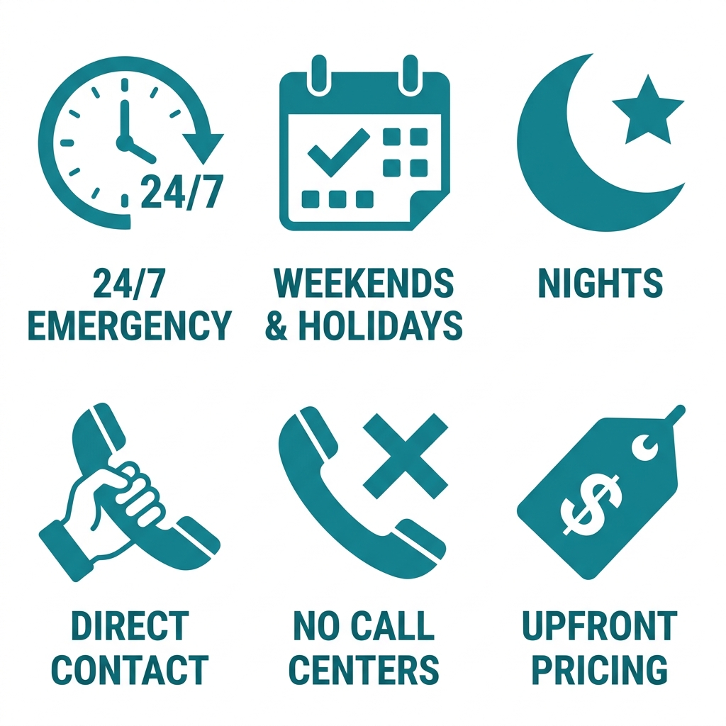 Set of six icons representing same-day plumbing service features: 24/7 emergency, weekends, nights, direct contact, no call centers, upfront pricing.