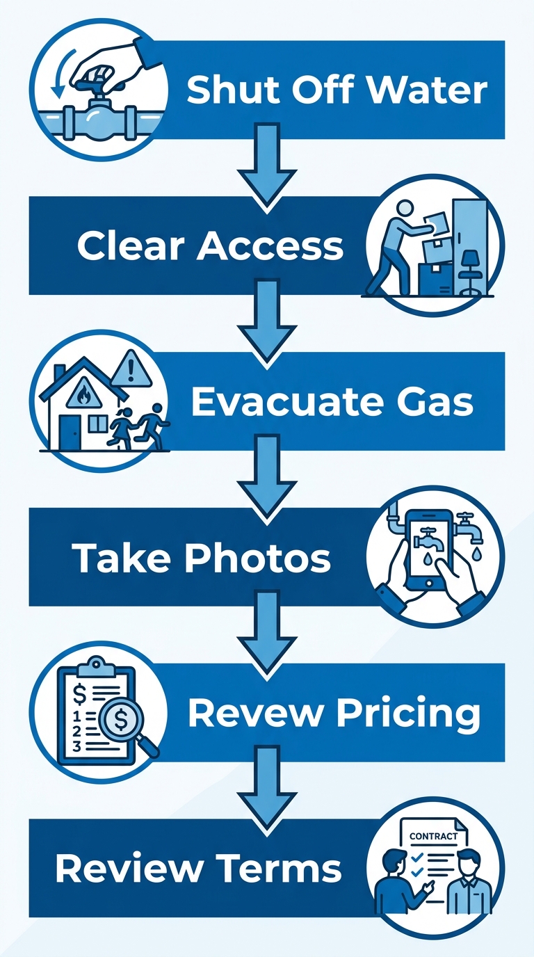 Vertical process flow diagram showing six steps to prepare for a same-day plumber: shut off water valve, clear access, evacuate for gas leak, take photos, review pricing, and review terms, using blue icons on white background.