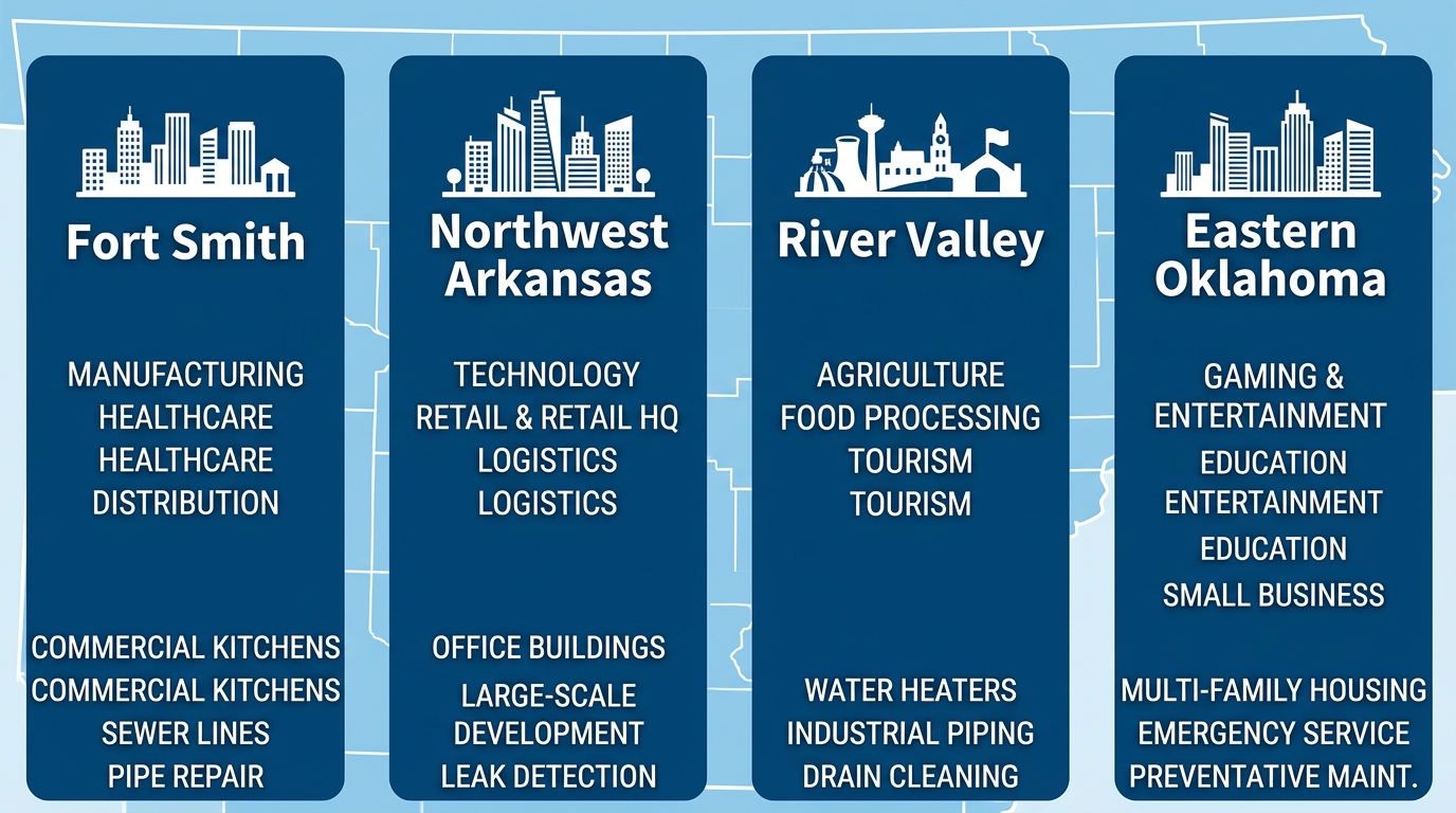 Infographic of Arkansas commercial service regions with color-coded blocks for Fort Smith, Northwest Arkansas, River Valley, and Eastern Oklahoma, showing industry and plumbing need labels on a state map background.