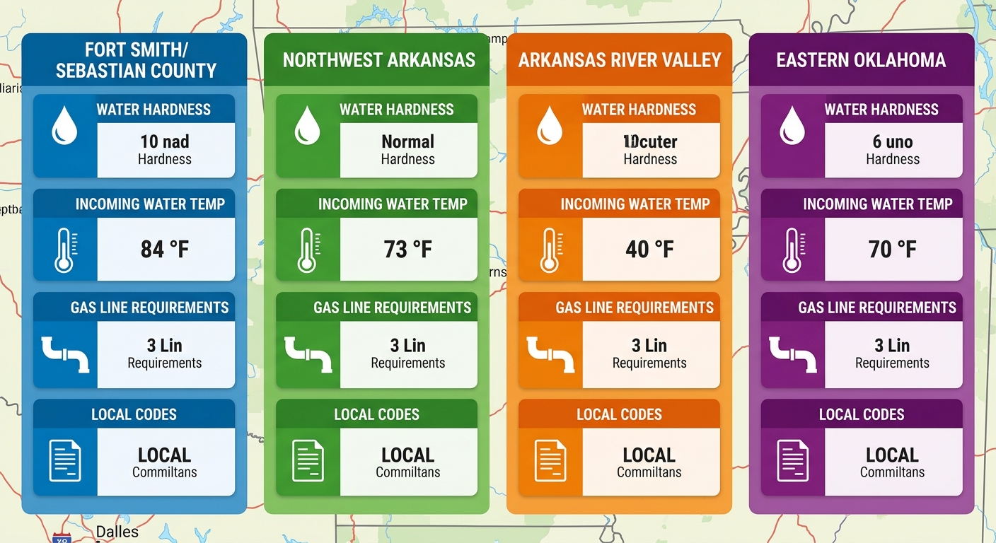 Regional infographic comparing water hardness, incoming water temperature, gas line requirements, and local codes for tankless water heater installation across Arkansas and Eastern Oklahoma with four color-coded panels.