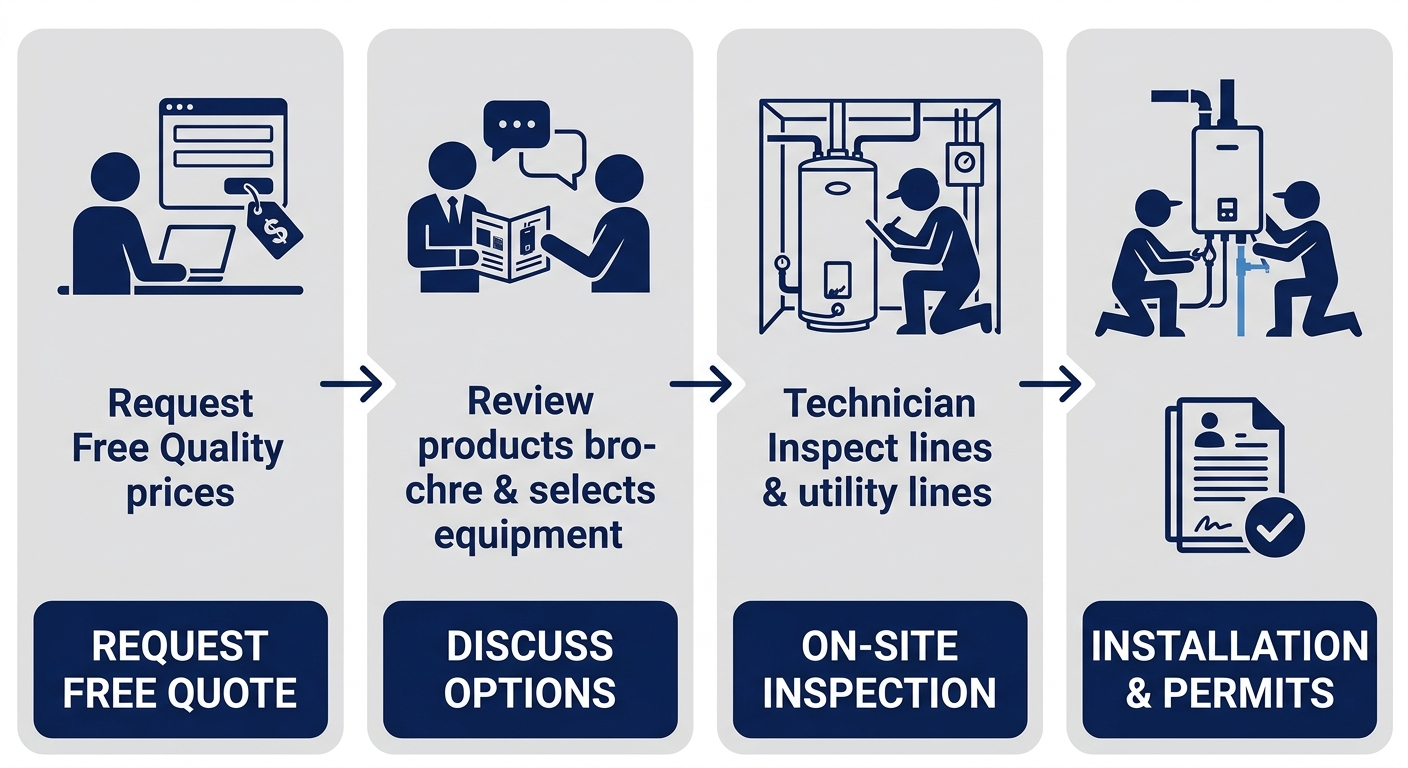 Horizontal process flow diagram for water heater installation in Lavaca with four steps: Request Free Quote, Discuss Options, On-Site Inspection, and Installation & Permits, connected by arrows against a gray and blue background.