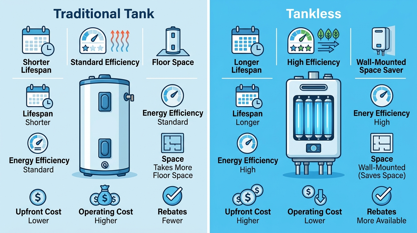Side-by-side infographic comparing traditional tank and tankless water heaters with icons for lifespan, energy efficiency, space, cost, and rebates, featuring a professional blue-white color scheme.