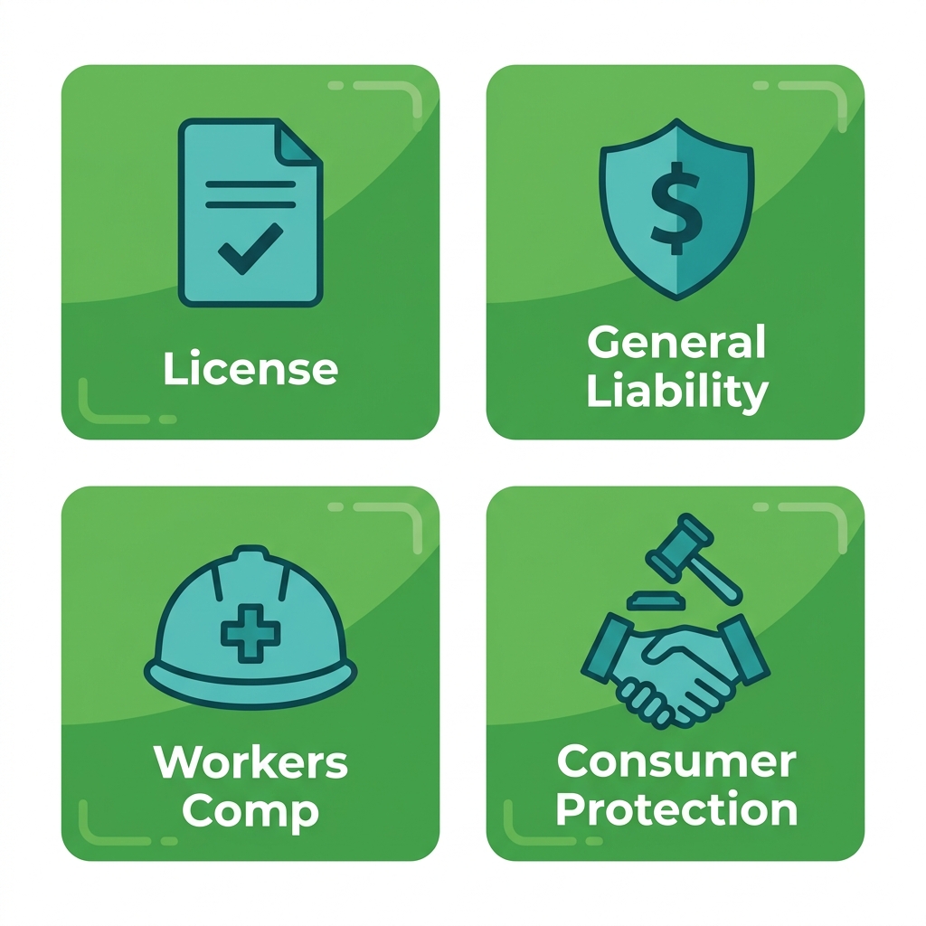 Set of four flat icons representing contractor verification criteria: license, general liability insurance, workers' compensation, and consumer protection, each labeled in rounded cards on a white background.