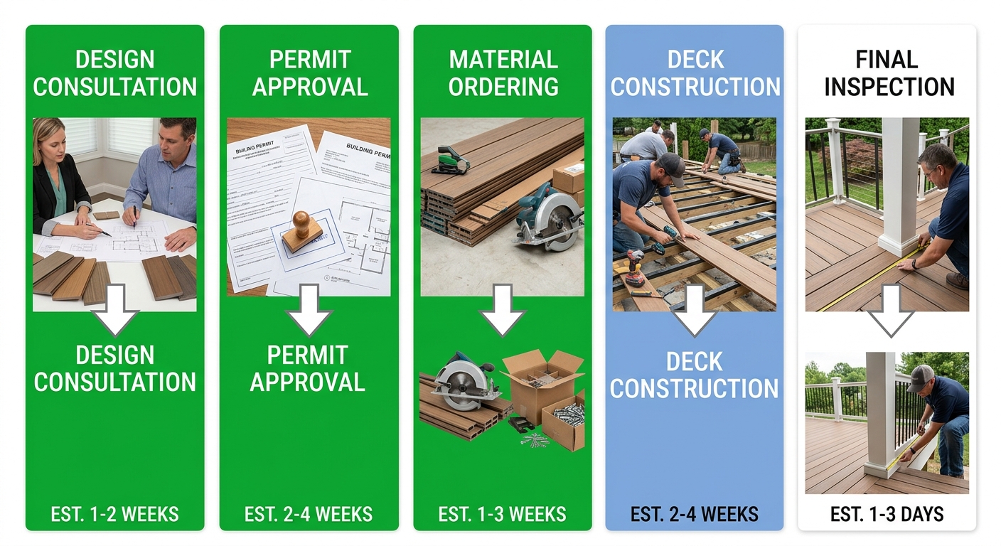 Vertical timeline showing five phases of composite deck installation: Design Consultation, Permit Approval, Material Ordering, Deck Construction, and Final Inspection, each with a colored circle icon and downward arrow connectors on a white background.