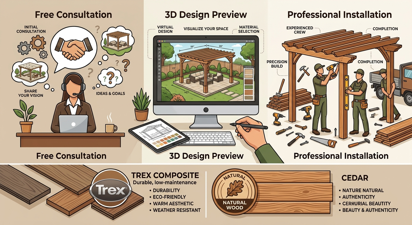 Infographic showing Red Sun Construction's pergola process: free consultation, 3D design preview, and professional installation with material badges for Trex composite and cedar.