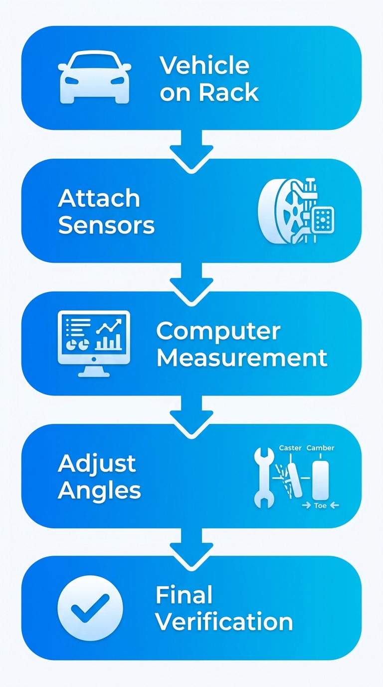 Five-step vertical process flow diagram for professional wheel alignment service at The Auto Guys, showing icons for vehicle placement, sensor attachment, computer measurement, angle adjustment, and final verification.