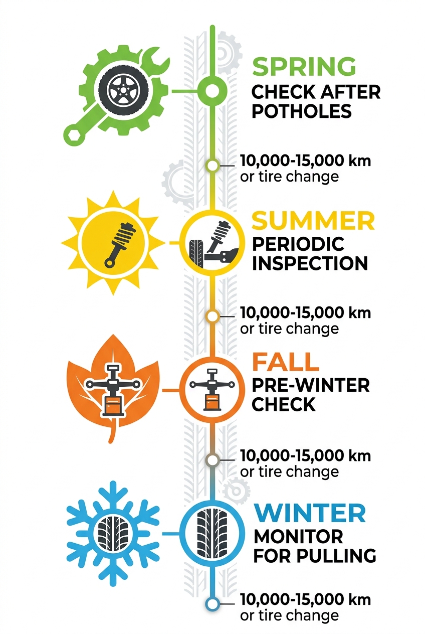 Vertical timeline with four seasonal icons for wheel alignment maintenance: spring green, summer yellow, fall orange, winter blue, with milestone markers every 10,000-15,000 km.