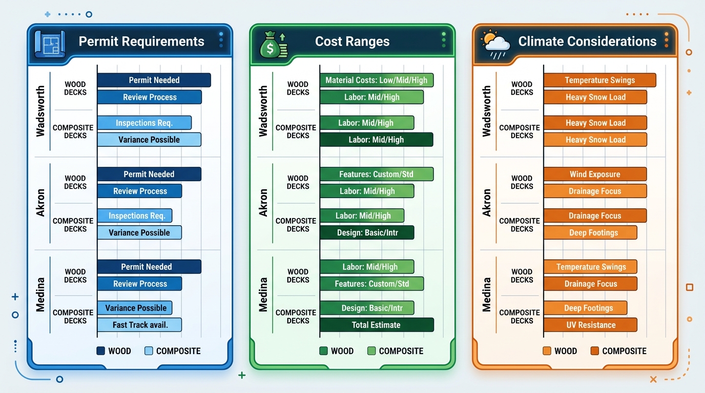 Three-panel horizontal bar chart comparing deck permit requirements, cost ranges, and climate considerations across Wadsworth, Akron, and Medina using blue, green, and orange palettes.