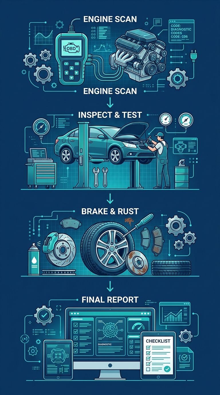 Vertical process flow diagram showing four stages of vehicle diagnosis and repair at The Auto Guys in St. Thomas: engine scan, inspection and road test, brake and rust check, final report and recommendations. Teal icons on dark blue background.
