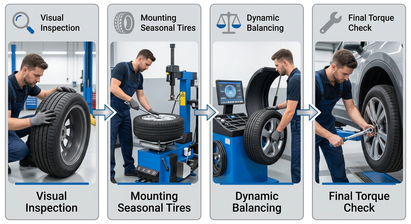 Horizontal process flow diagram with four steps for seasonal tire changes at The Auto Guys: visual inspection, mounting seasonal tires, dynamic balancing, and final torque check, using automotive blue and gray tones.