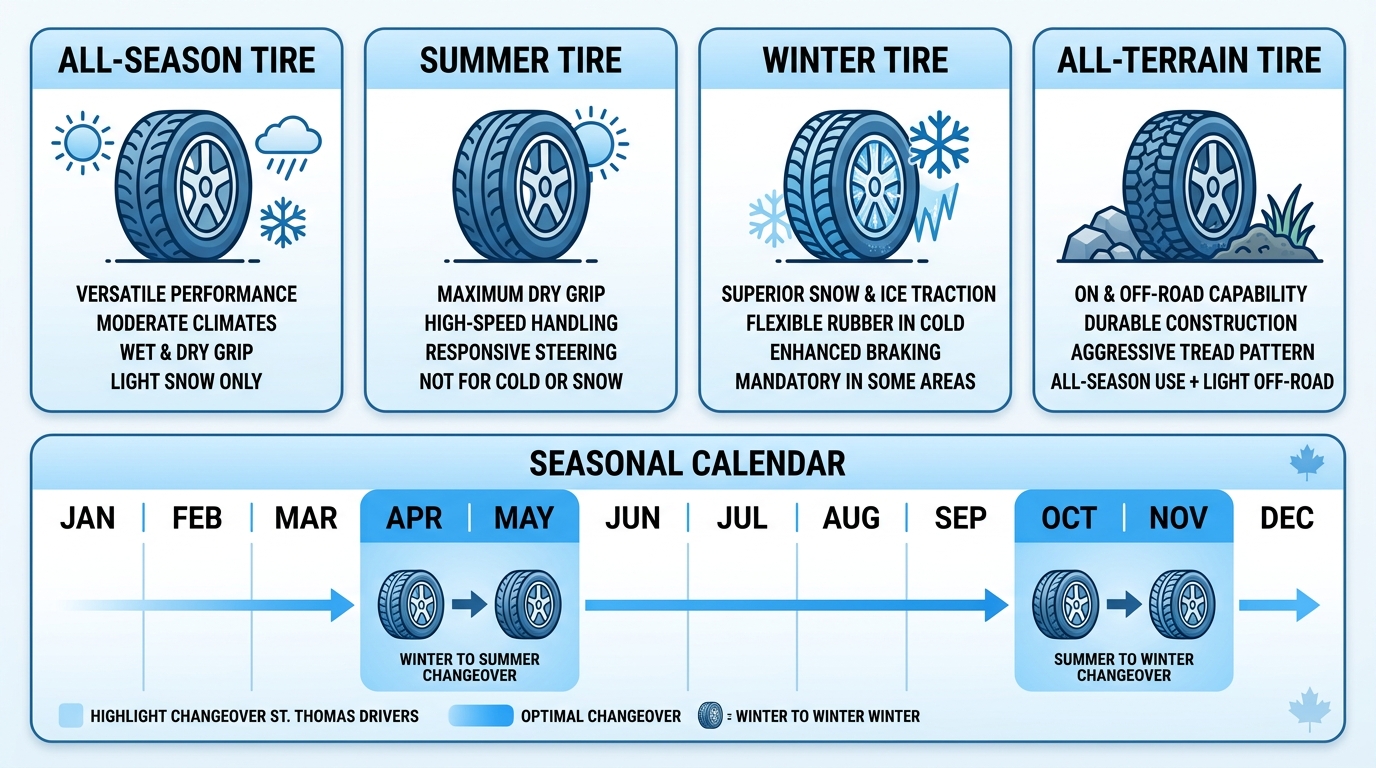 Infographic displaying four tire types--all-season, summer, winter, all-terrain--with icons and usage notes, along with a seasonal calendar for optimal changeover months in St. Thomas, using a blue-and-white palette.