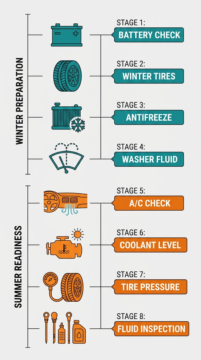 Vertical timeline illustration showing vehicle maintenance tasks for Ontario drivers: eight stages divided into winter preparation and summer readiness sections with teal and orange icons on a light grey background.