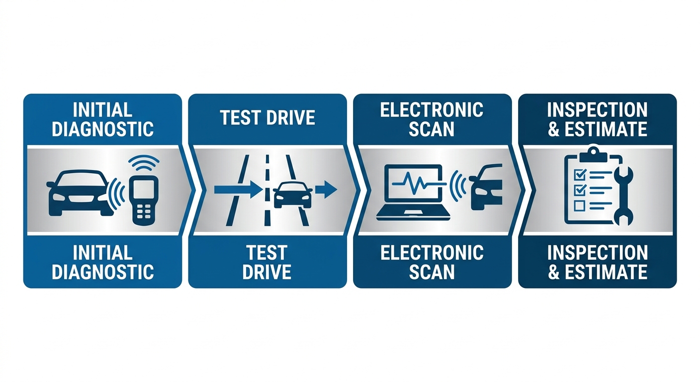 Horizontal process flow diagram for auto repair diagnostic procedure at The Auto Guys in St. Thomas: four stages: Initial Diagnostic, Test Drive, Electronic Scan, Inspection & Estimate with connected arrows.